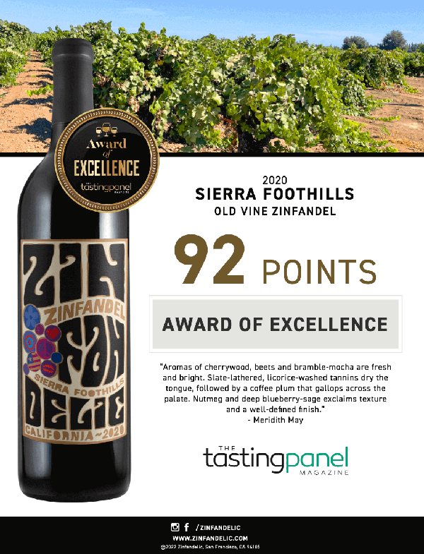  2020 Sierra Foothills Old Vine Zinfandel - 92 points, Tasting Panel Acclaim Sheet thumb