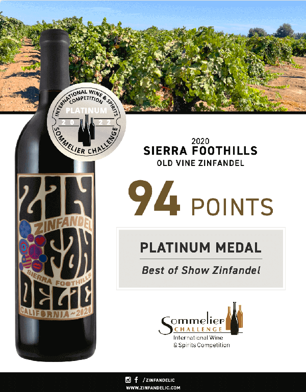 2020 Sierra Foothills Old Vine Zinfandel - 94 points, Sommelier Challenge Acclaim Sheet thumb