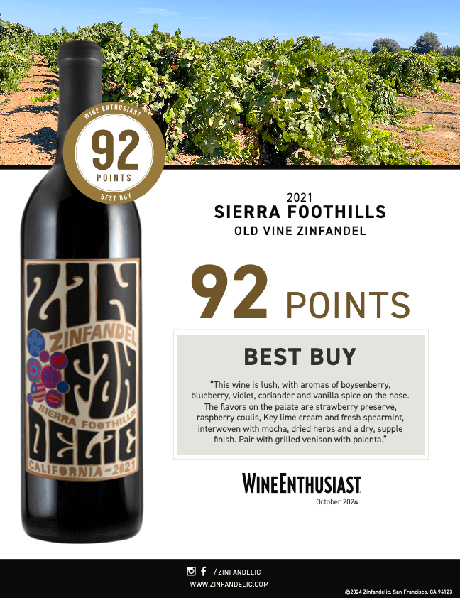 2021 Sierra Foothills Old Vine Zinfandel - 92 points, Best Buy, Wine Enthusiast sales sheet thumb